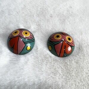 Vintage Wooden Abstract Painted Stud Earrings Made in India